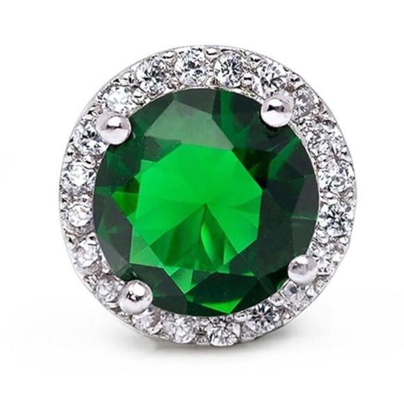 925 Sterling Silver with Emerald Green and Diamond CZ Round Halo Stud Earrings - Picture 2 of 5
